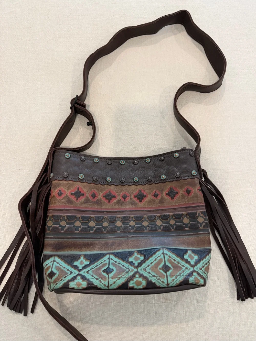 Boho Fringe Crossbody Bag in Brown with Turquoise Accents
